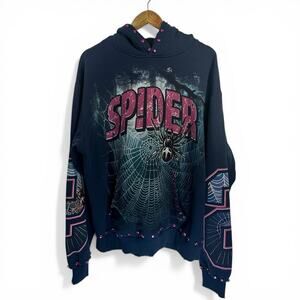 Stray Spider Hoodie Studded Rhinestones Big Graphic Blue Pullover Size Medium